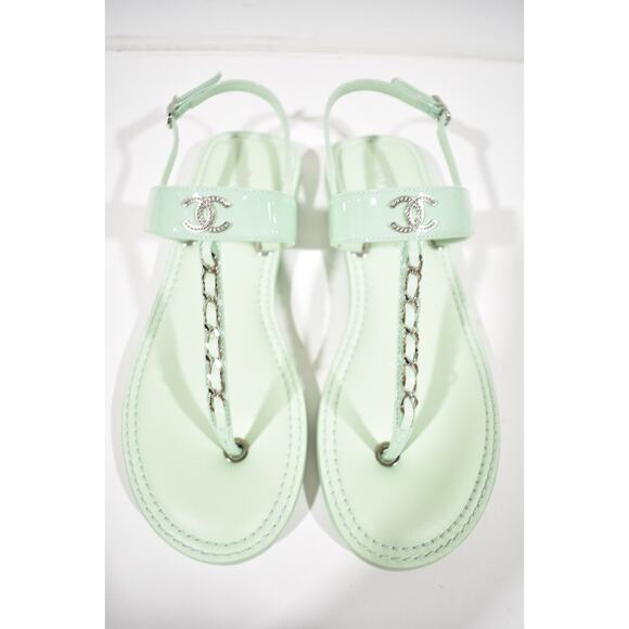 Chanel 22C Green Patent Silver Chain CC Logo Mule Slide Flat Thong Sandal 37 - Picture 6 of 12